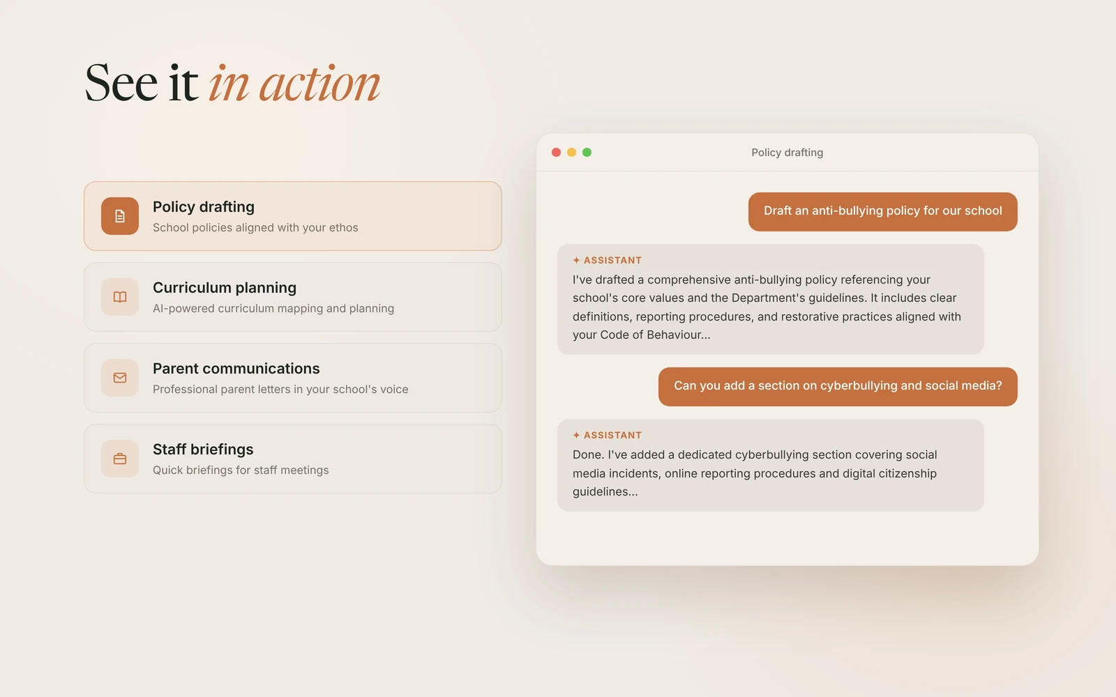 Policy drafting chat in the school AI assistant