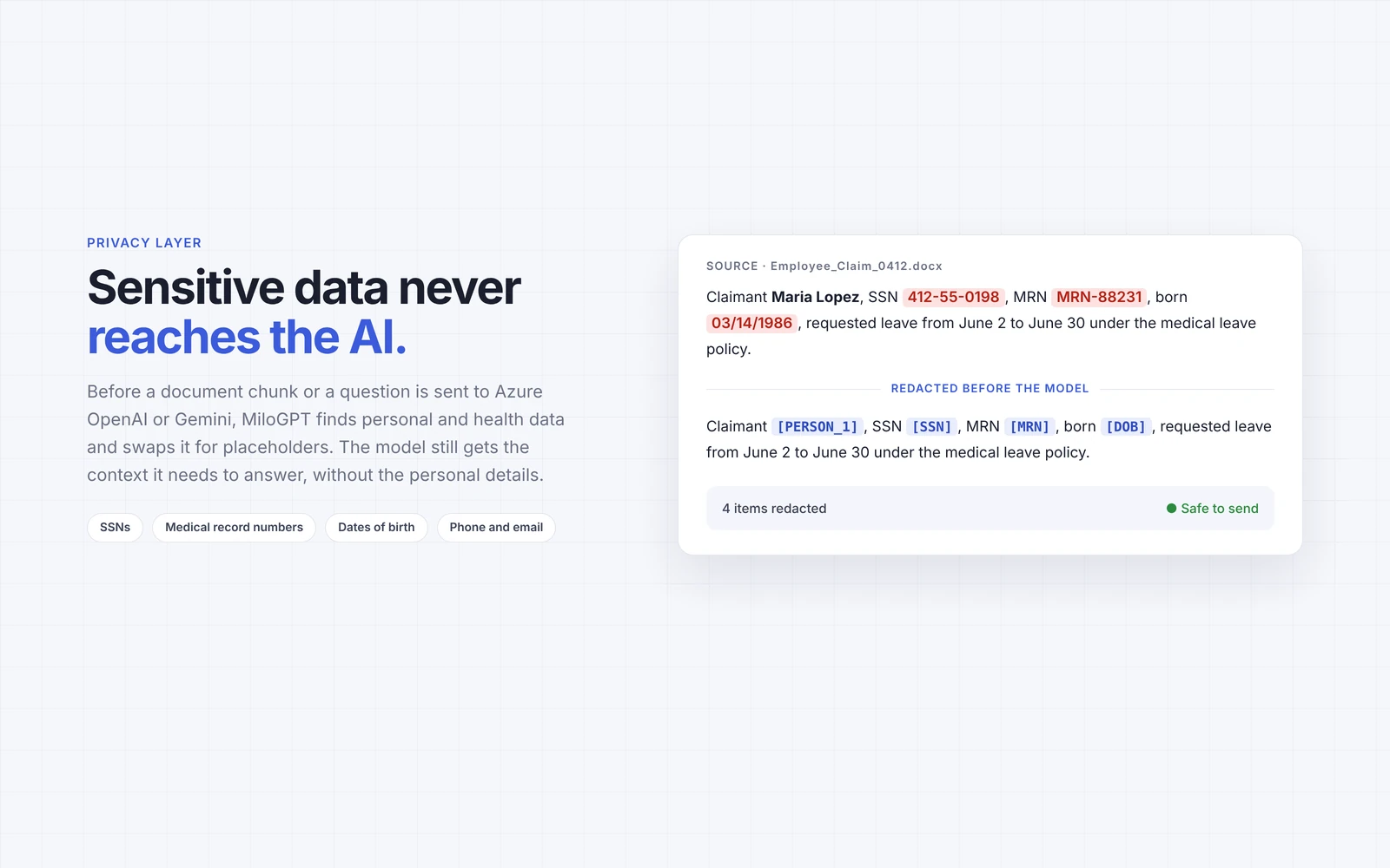 Personal and health data redacted before a document reaches the AI model