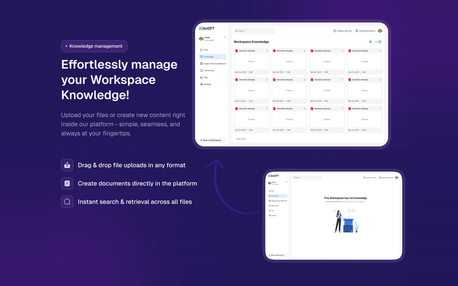 MiloGPT workspace knowledge base with uploaded documents