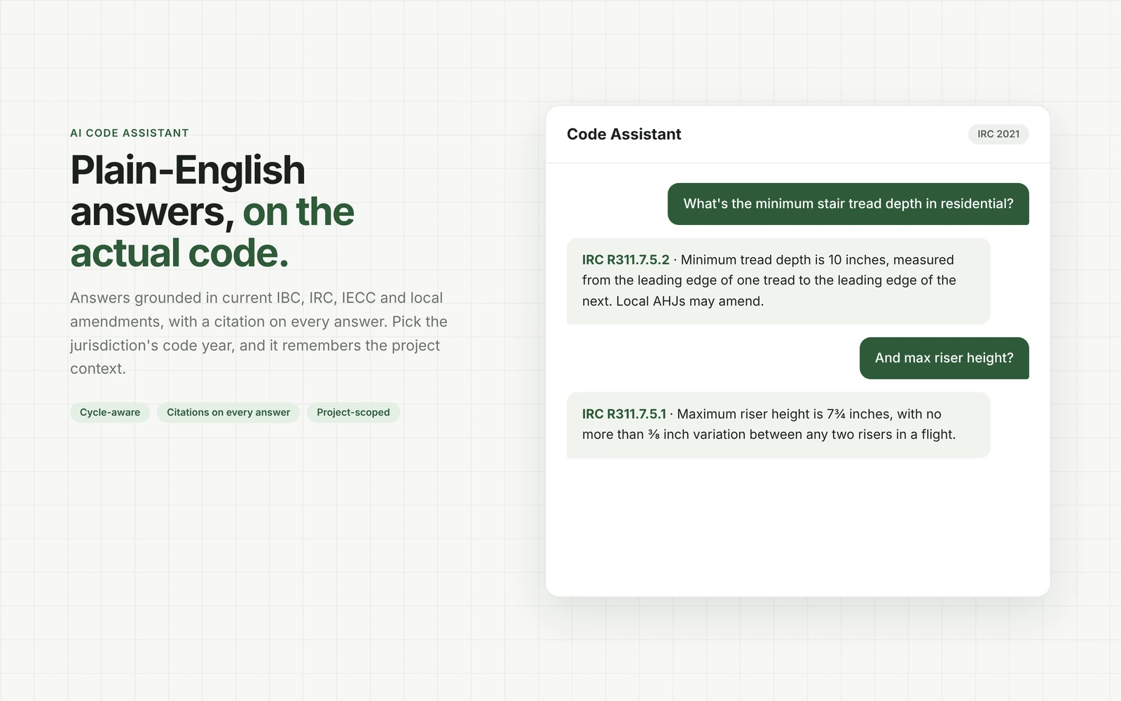 AI code assistant answering residential stair questions with IRC citations