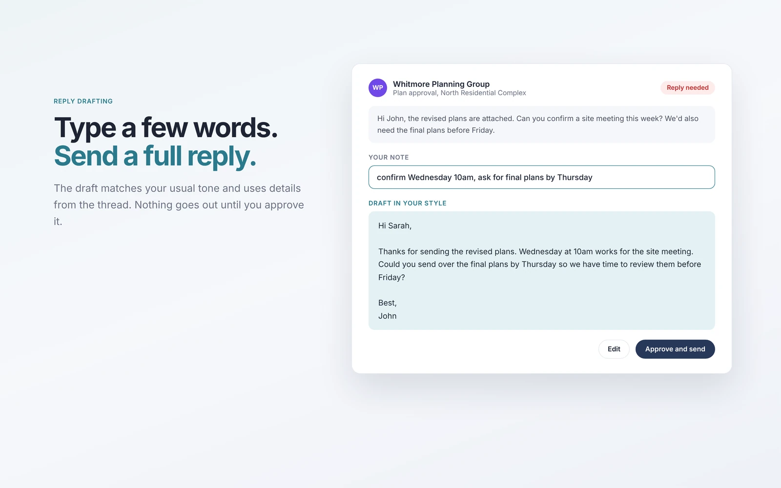 Reply drafted from a short note in the user's style