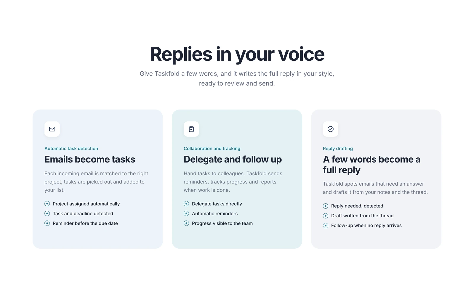 Taskfold features: emails become tasks, delegation, reply drafting